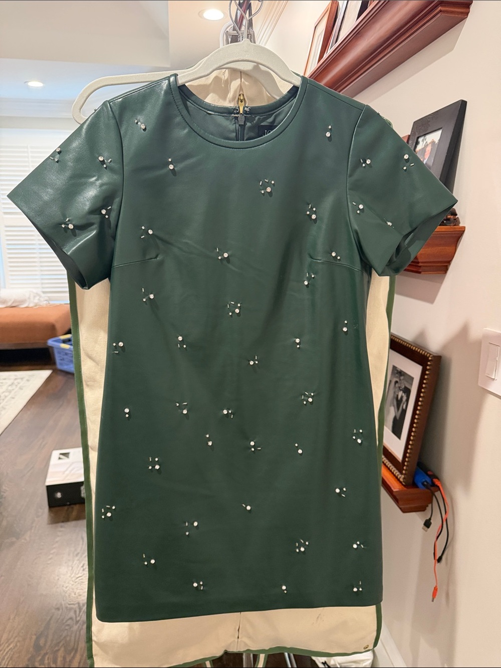 J. Crew Emerald Green Faux-Leather Mini Dress with Pearl Studs